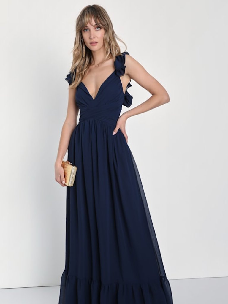 Lulus Soiree Celebration Navy Blue Ruffled Lace-Up Maxi Dress - Size M